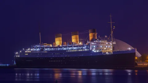 Night view of the RMS Queen Mary, Long Beach, California, United States