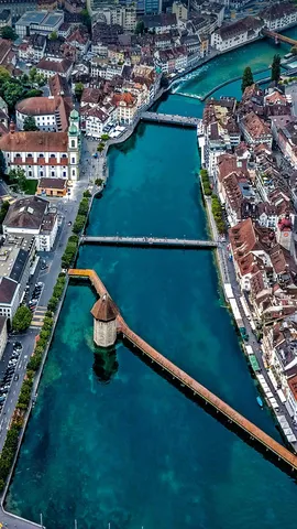 Aerial view of Chapel Bridge over the river Reuss in Lucerne, Switzerland