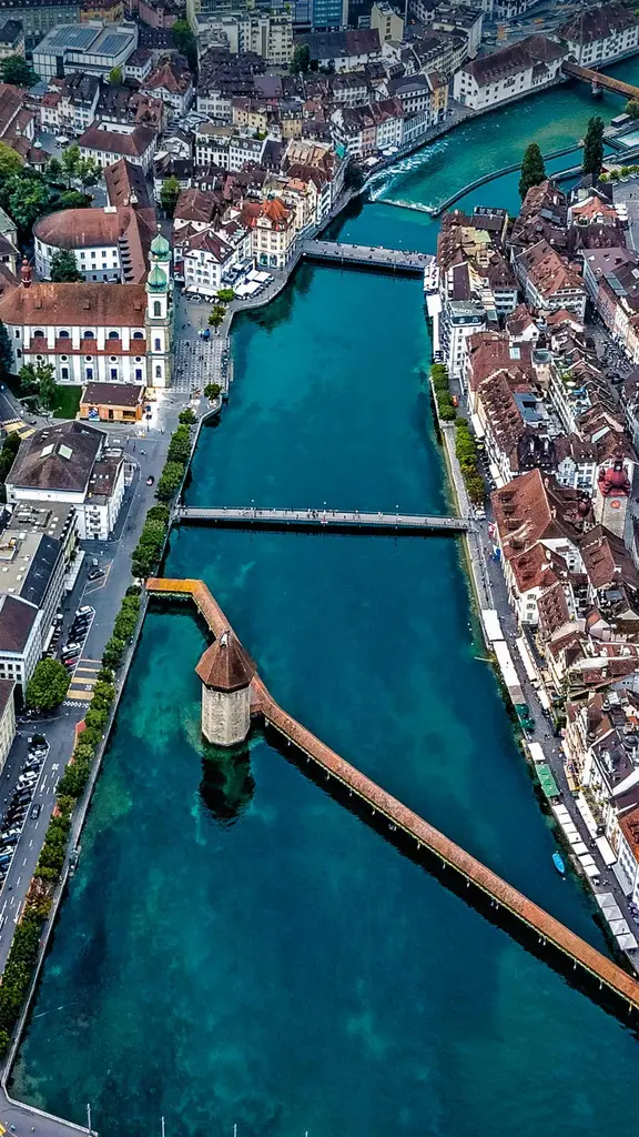Aerial view of Chapel Bridge over the river Reuss in Lucerne, Switzerland