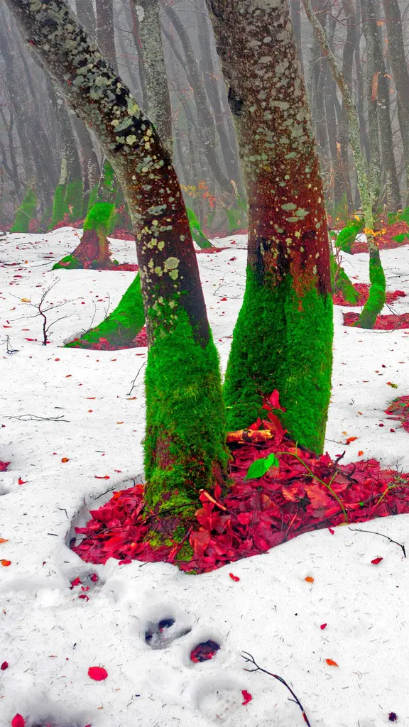 宛如圣诞精灵的树干，乌克兰喀尔巴阡山脉